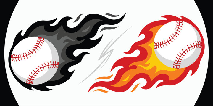Fiery Baseball: A dynamic illustration showcases two baseballs, one engulfed in black flames and the other in vibrant orange and red flames, symbolizing intensity and competition. 