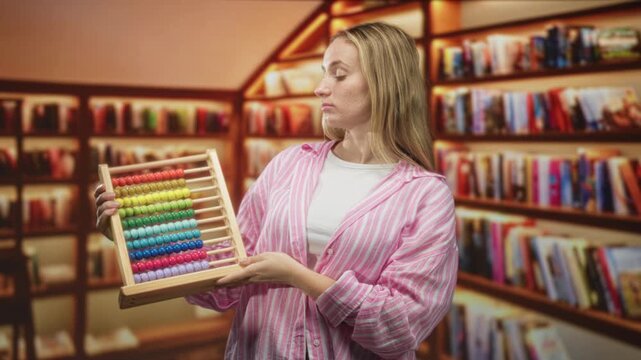 Woman holding a colorful abacus and tilting head while presenting beads in a library building; thoughtful learning.