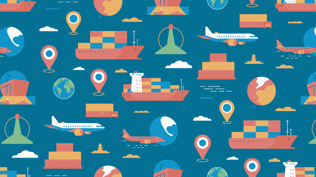 A colorful illustration of various transportation modes and logistics icons on a blue background