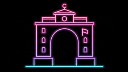 Fototapeta premium Vibrant neon glow outline of an elegant Islamic architectural gateway on a dark background