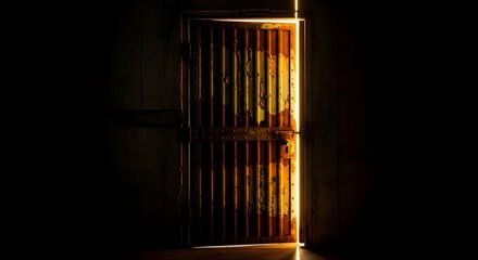 Fototapeta premium Weathered wooden jail cell door with narrow light beam in dark corridor