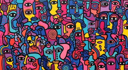 Fototapeta premium Vibrant mosaic of abstract faces in a colorful, chaotic composition