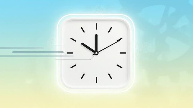A white square clock showing the time against a colorful gradient background with motion blur effect