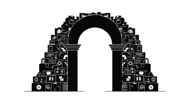 Black and white illustration of archway made from old electronic devices