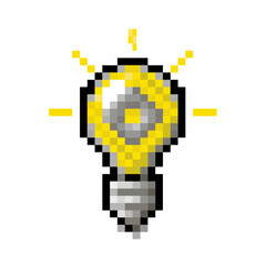 Obraz premium A pixel art illustration of a bright yellow light bulb with gray base.