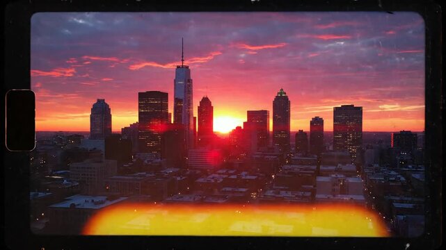 City skyline silhouette at sunset with colorful sky and light flare