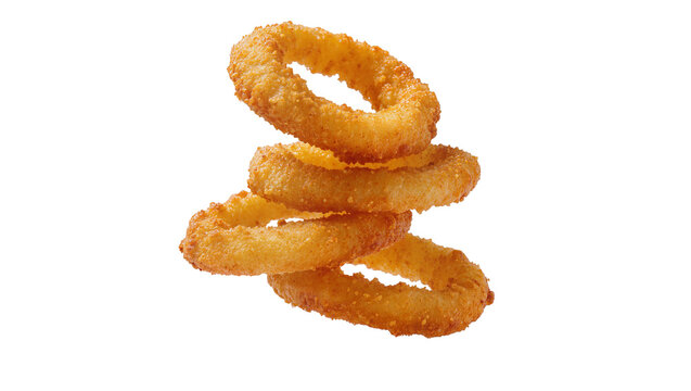 Isolated stack of golden fried crunchy battered onion rings for delicious fast food snack
