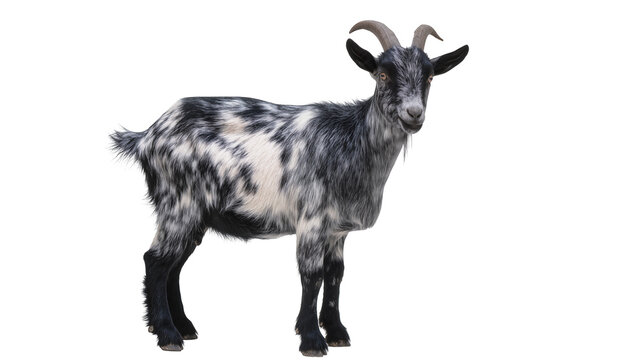 Isolated standing black and white domestic goat, with prominent horns and beard