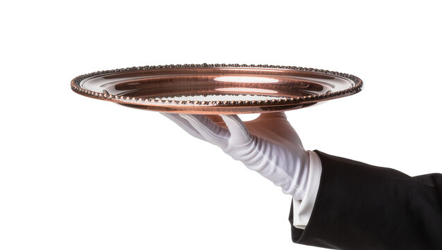 Isolated professional butler's hand in white glove presenting ornate copper serving tray