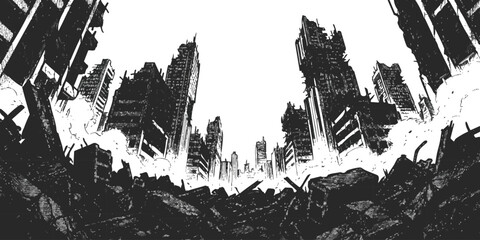 Post-apocalyptic ruined city landscape with collapsing skyscrapers in a dramatic black and white manga style vector illustration © ZenVectors