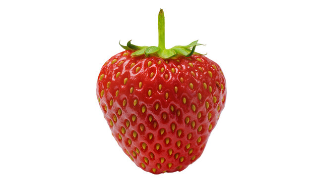 Isolated single fresh ripe vibrant red strawberry with green stem, healthy organic fruit