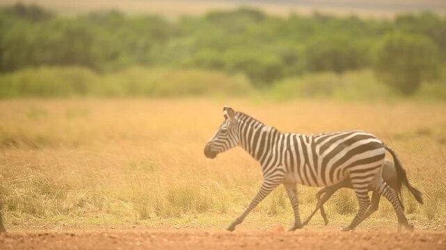 Herd of wild zebras galloping and kicking up dust across the dry plains of Amboseli National Park, Kenya