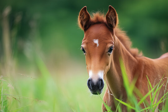 Adorable young foal standing in a green meadow capturing the essence of a spring morning for a Kentucky Derby themed campaign.
