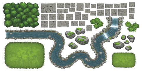 Top down game map assets kit with river, forest, stone paths and rocks for fantasy rpg illustration © ZenVectors
