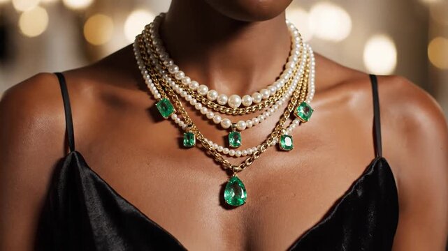 Elegant necklace display pearls emeralds and gold against dark skin