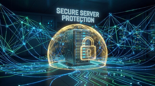 Secure server protection concept with padlock and globe around computer server