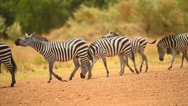 Group of plains zebras in their natural habitat against the iconic landscape of Amboseli