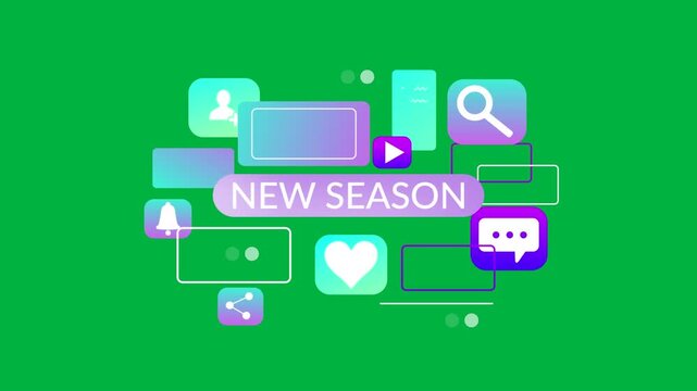 Animation of new season text with digital social icons on white background