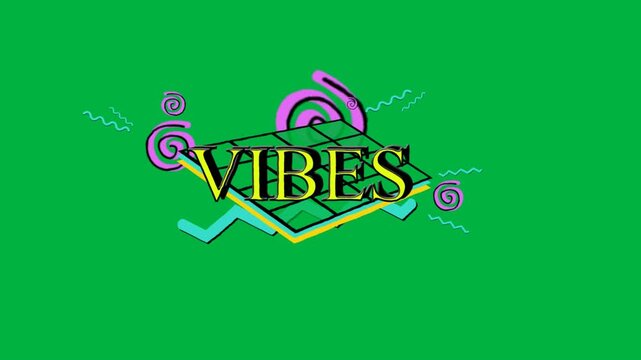 Animation of vibes text in yellow letters and colorful graphics on white background