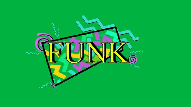 Animation of funk text in yellow letters and colorful graphics on white background
