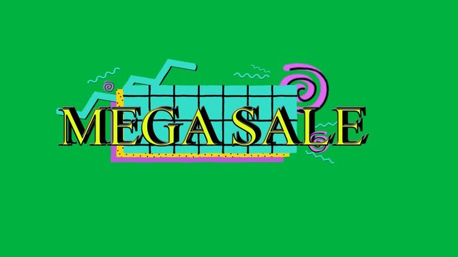 Animation of mega sale text in yellow letters and colorful graphics on white background