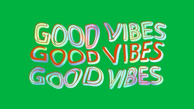 Animation of colorful, moving and glowing good vibes text on white background