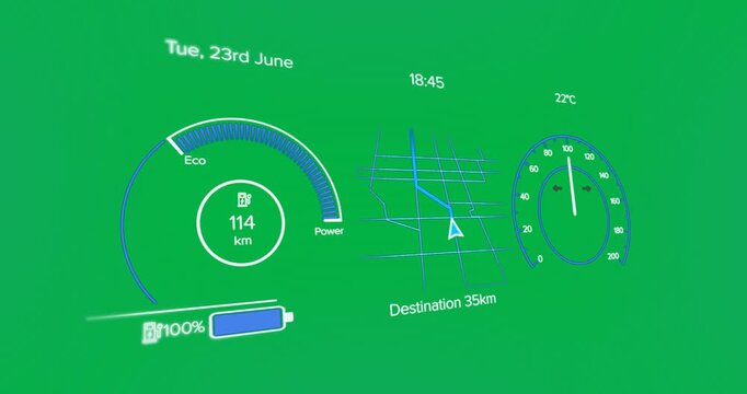 Animation of interface with speedometer and power and energy icons on blue background