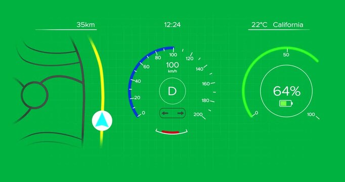 Animation of colorful interface with speedometer and power icon on white background