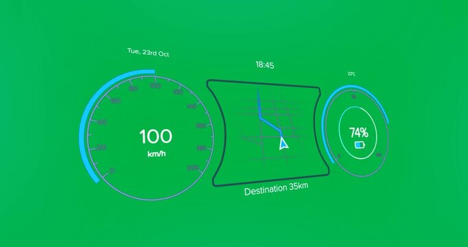 Animation of interface with speedometer and power and energy icons on blue background