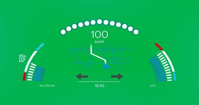 Animation of interface with speedometer and power and energy icons on blue background
