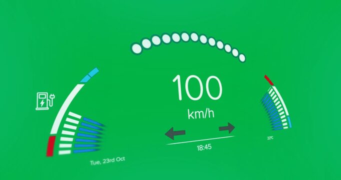 Animation of interface with speedometer and power and energy icons on blue background