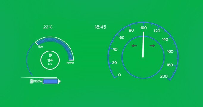 Animation of interface with speedometer and power and energy icons on blue background