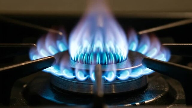 A close-up view of a burning blue flame on a cooking appliance in a dark room