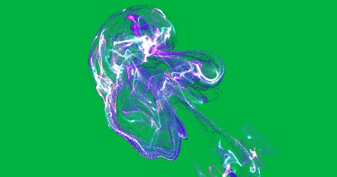 Animation of purple and blue smoke trail with particles on white background