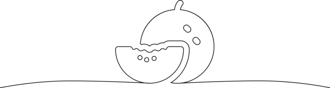 A simple line drawing of a watermelon cut in half on a plain surface