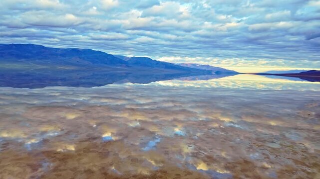 Panoramic mountain range reflecting in still mirror waters at Badwater Basin Death Valley California