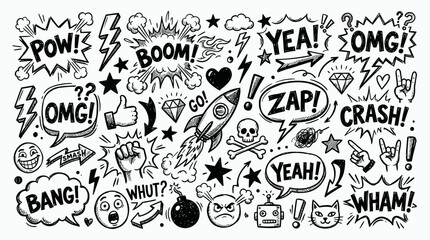 Obraz premium Collection of hand drawn comic speech bubbles and expressive pop art doodle icons with sound effect text on white background, concept for comic design, creative storytelling and pop art illustration