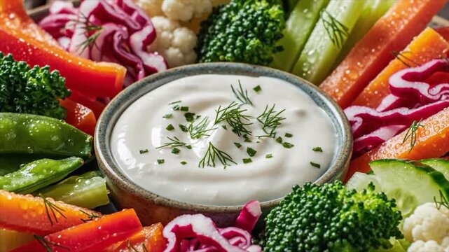 A bowl of creamy white dip with herbs surrounded by assorted colorful vegetables including broccoli cauliflower carrots cucumbers and peppers.