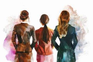 Naklejka premium Empowered businesswomen team standing together, looking towards a bright future, in a vibrant watercolor illustration symbolizing collaboration and success.
