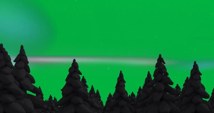 Animation of aurora borealis glowing over fir trees covered in snow in winter