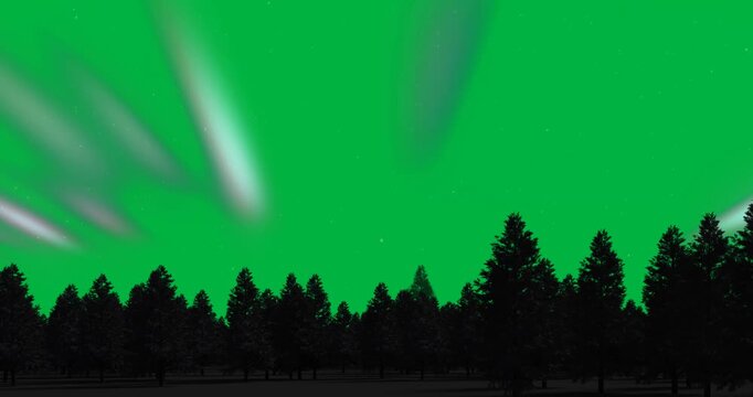 Animation of aurora borealis glowing over fir trees covered in snow in winter