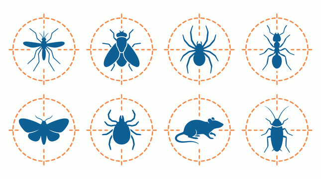 Blue pest silhouettes of mosquito fly spider ant moth tick rat and cockroach in orange target icons, concept for pest control service, extermination company and home hygiene advertising