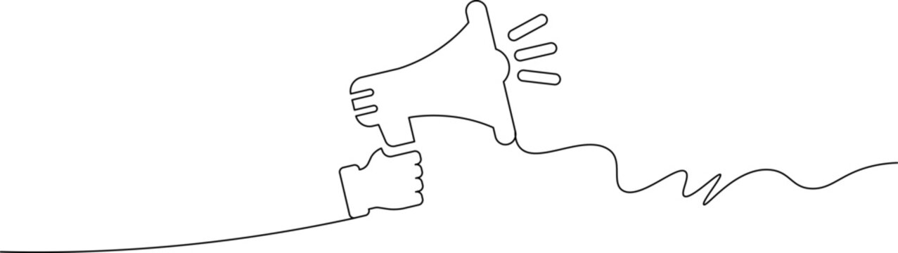 A minimalist line drawing of a hand holding a megaphone with a wavy line extending from it, symbolizing communication and public speaking.