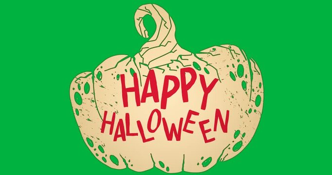 Digital animation of happy halloween text over halloween pumpkin against white background