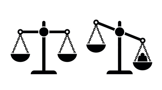 Set of balance scales icons showing equilibrium and tipped weight with human silhouette on white background, concept for justice law system, human resources recruitment and social equality