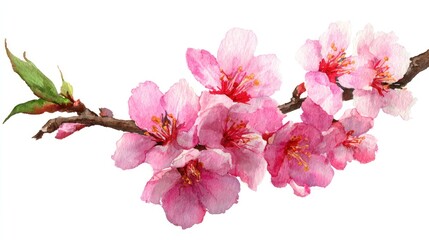Fototapeta premium Close up of blooming pink peach flowers on a branch against white background