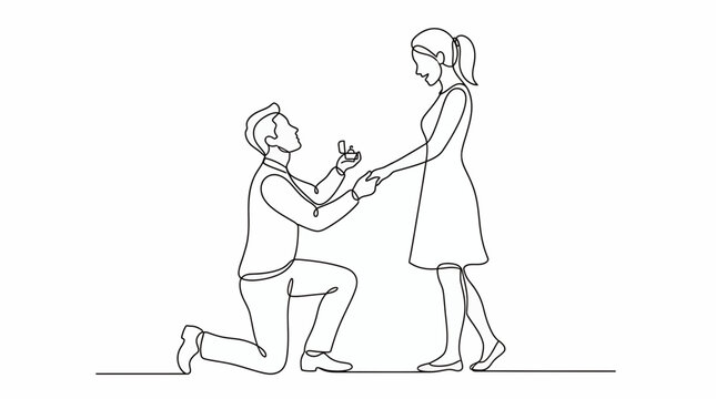 Young executive manager kneeling down proposing to a professional businesswoman with ring in continuous line drawing style, concept for romantic engagement, marriage proposal and wedding invitation