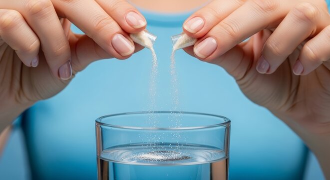 Hands dropping effervescent tablet into water.