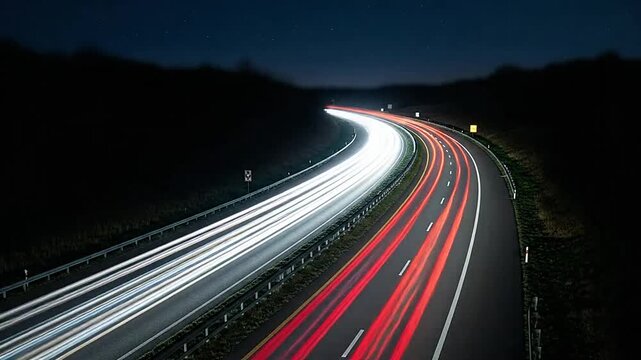 Long exposure of vehicle lights on a curved highway at night with a dark background and stars