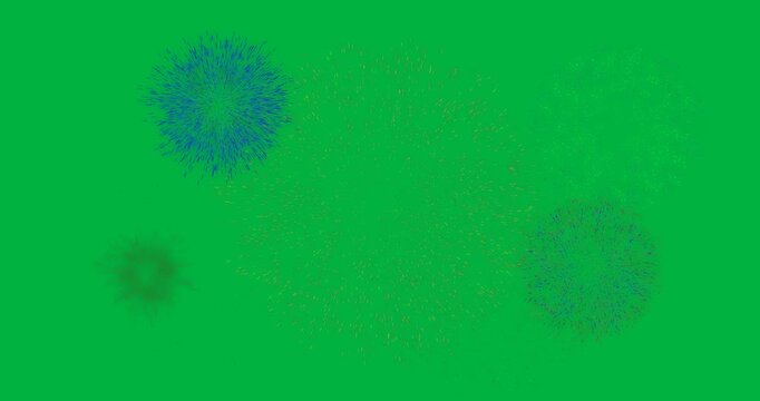 Animation of multicolored fireworks exploding on white background
